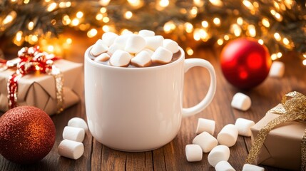 Fototapeta premium Festive Hot Cocoa with Marshmallows and Gifts
