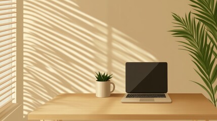 Fototapeta premium Minimalist Home Office Setup with Laptop and Plants Natural Light Through Blinds Cozy Workspa