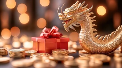 Fototapeta premium Golden Dragon Figurine with Gift and Coins