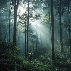 Obraz premium Misty forest sunbeams, tranquil woodland path, daybreak