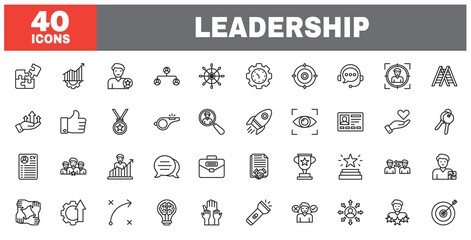 Set of 40 line icons leadership. Outline icon collection. Editable stroke. Vector illustration.