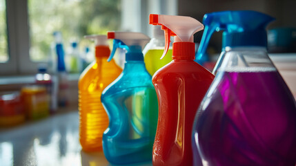 Obraz premium Assorted colorful cleaning spray bottles lined up on a counter in a kitchen environment indoors
