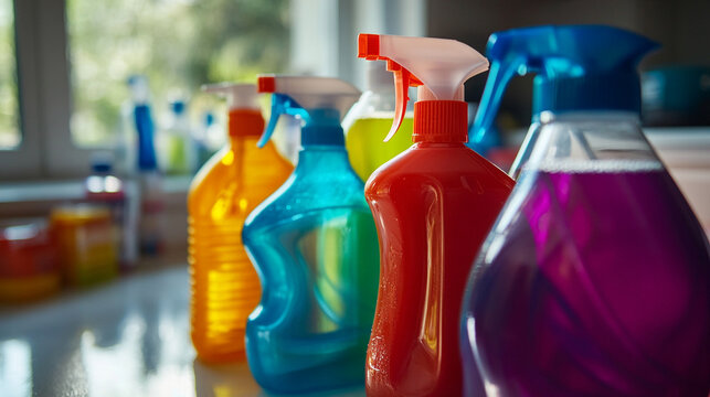 Assorted colorful cleaning spray bottles lined up on a counter in a kitchen environment indoors