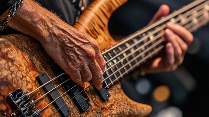 Musician's hands playing a natural wood-grain electric bass guitar with expertise