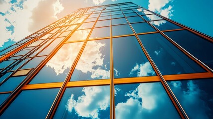 Modern skyscraper reflecting clouds in a vibrant blue sky