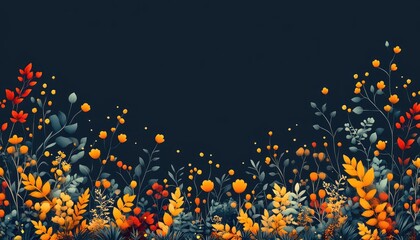 Vibrant orange and teal floral border; dark background. Perfect for cards, invitations, or website banners; adds autumnal charm.