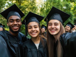 Young adults celebrating their academic achievement with a group selfie