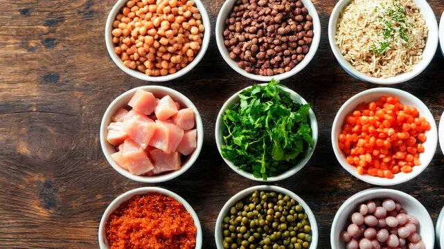 Top view of small bowls filled with various foods: turkey pieces, greens, and vegetables neatly arranged in a row