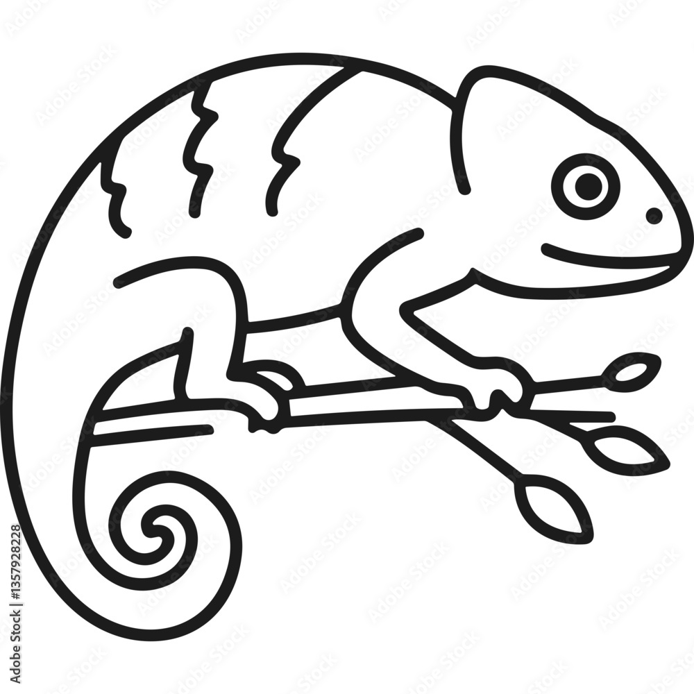 Poster chameleon on branch vector illustration in outline style. chameleon sitting on a branch with leaves 