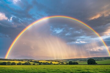 Vibrant Rainbow Sky Over Blue Fields and Green Pastures