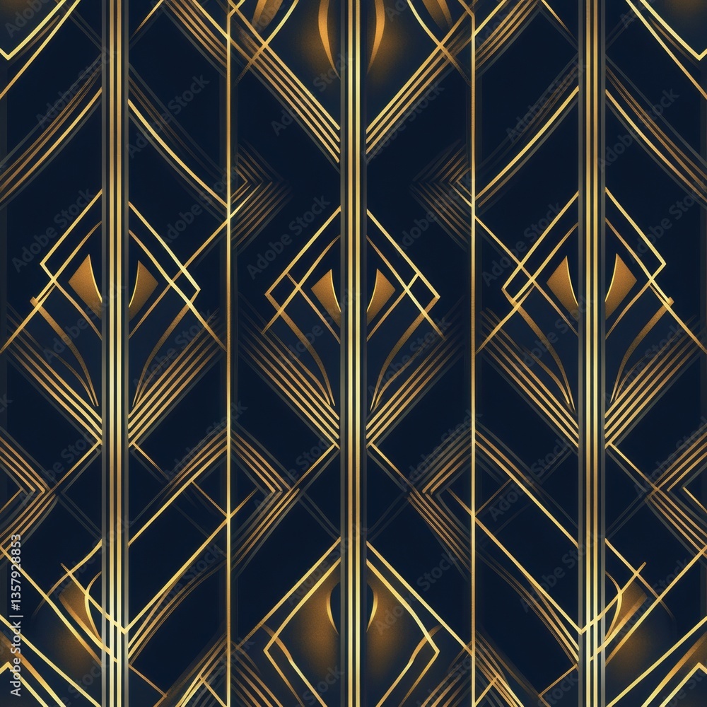Poster Seamless Art Deco pattern featuring luxurious golden lines on a dark navy background creating an elegant geometric design for timeless appeal Generative AI