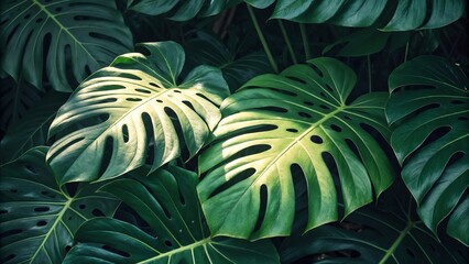 Fototapeta premium Monstera leaves close-up in dark green tropical style