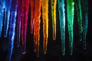 Vibrant rainbow-hued icicles against a dark background