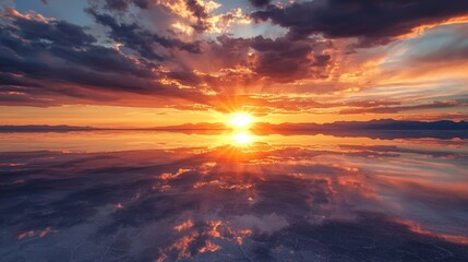 Fototapeta premium Reflective Sunset: Vibrant colors paint the sky and water in a breathtaking mirrored landscape, creating a serene and awe-inspiring scene.