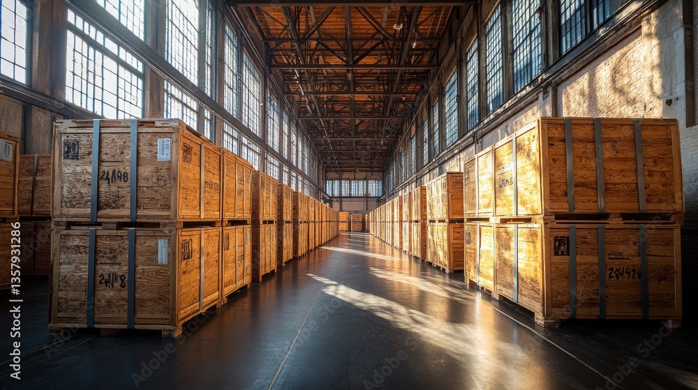 Poster rows of wooden crates are neatly arranged in a large, well lit warehouse, showcasing a well organize