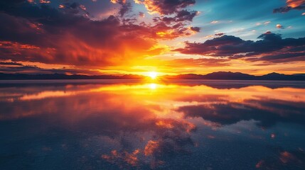 Fototapeta premium Vibrant sunset over still waters, painting the sky with hues of orange, red, and blue, reflected perfectly in the calm water surface.