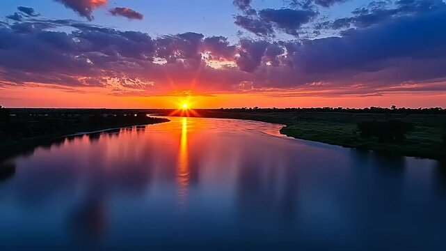 Serene sunset over a calm river reflecting vibrant colors, with lush green banks and dramatic clouds