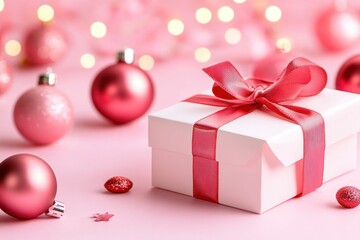 Obraz premium Pink Gift Box With Red Ribbon And Ornaments