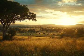 African savanna thrives with vivid energy displaying a stunning weave of varied wildlife herds grand vistas and a complex network of species-land connections  
