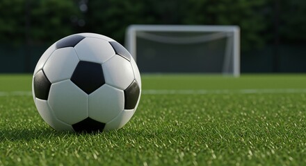 soccer ball on green grass field with goalpost in background, conveying excitement and anticipation, representing a moment before a game begins