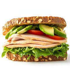 Half made sandwich -  turkey sandwich with avocado slices, tomatoes slices and salad on a white background.
