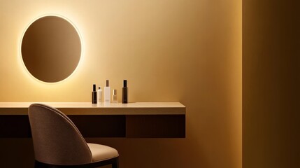 Modern vanity setup with elegant bottles on a minimalist table in a softly lit room