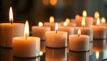 a group of lit candles sitting on top of a table