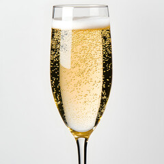 A champagne flute filled with a sparkling beverage, bubbles rising. 