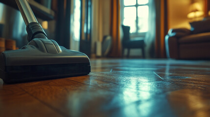 Fototapeta premium Close up of a vacuum cleaner on a shiny wooden floor in a well lit living room interior scene