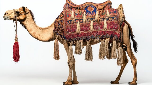 A decorated camel stands gracefully, adorned with a vibrant patterned saddle blanket featuring shades of orange,