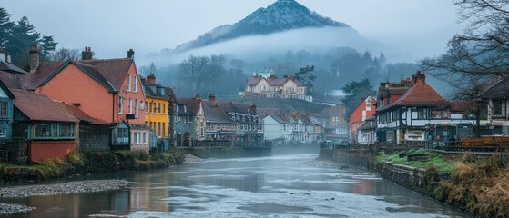 Misty river flows through quaint village nestled in valley, fog shrouds hillside