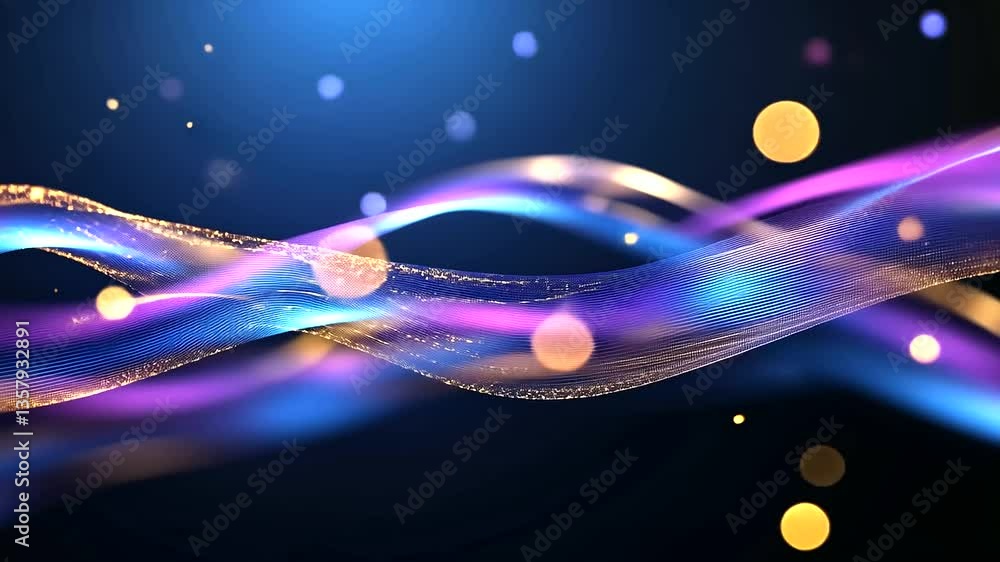 Poster flowing abstract blue and purple waves with gold accents, bathed in neon light, creating a dynamic a