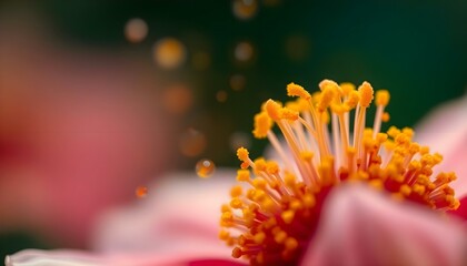 a close up of a pink flower with yellow stamen