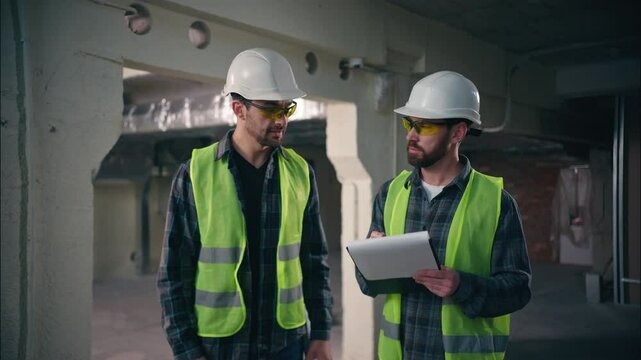 Angry nervous foreman inspector showing hand watch time worker employee late build deadline two Caucasian men males workers guys engineers contractors builders problem loss construction project plan