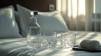 Still life of water decanter and glasses on a bed with soft lighting creating a peaceful atmosphere