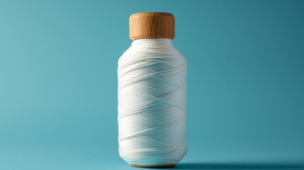 A stylish white thread spool with a wooden cap against a blue background