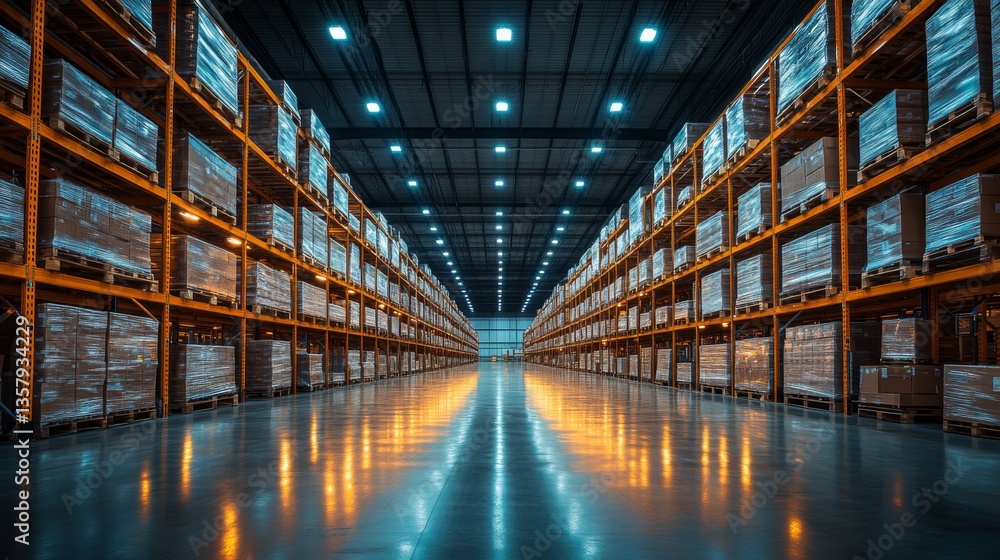 Poster brightly lit warehouse features neatly arranged shelves filled with inventory. the smooth floor refl