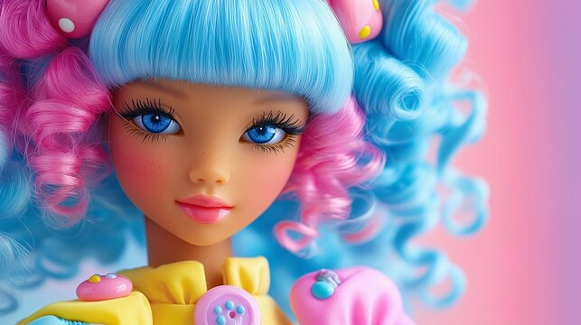 vibrant toy doll with vivid blue eyes, cotton candy curls, and whimsical buttons on a soft pink and purple background