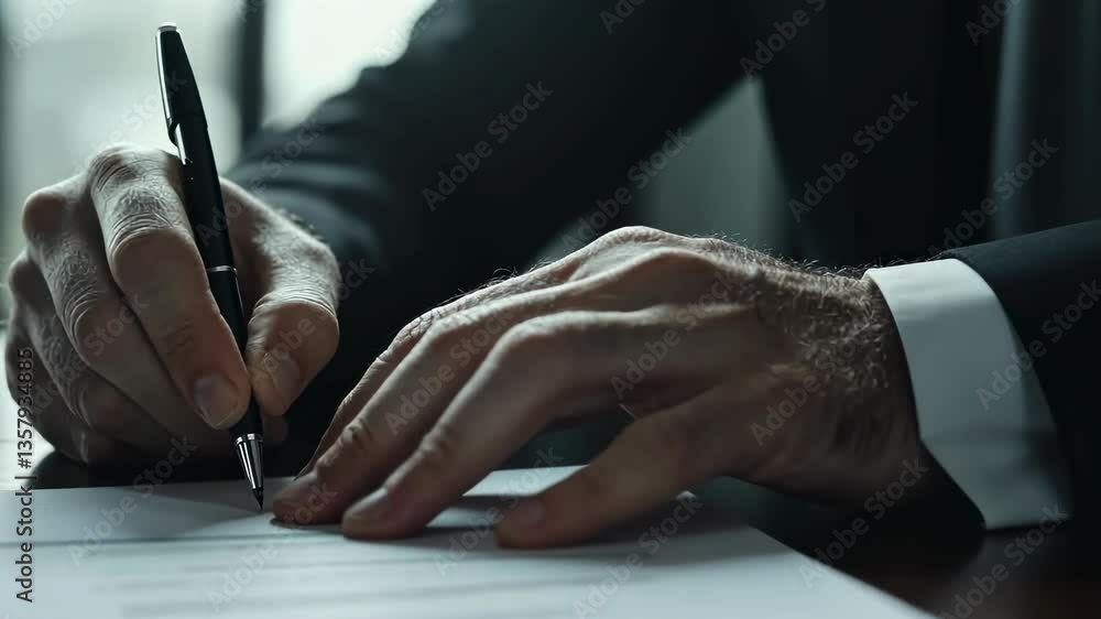 Poster close-up video of a person signing a document, shot from a low angle. the focus is on the hands, cre