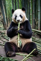 Obraz premium Giant Panda Consuming Bamboo in Bamboo Forest