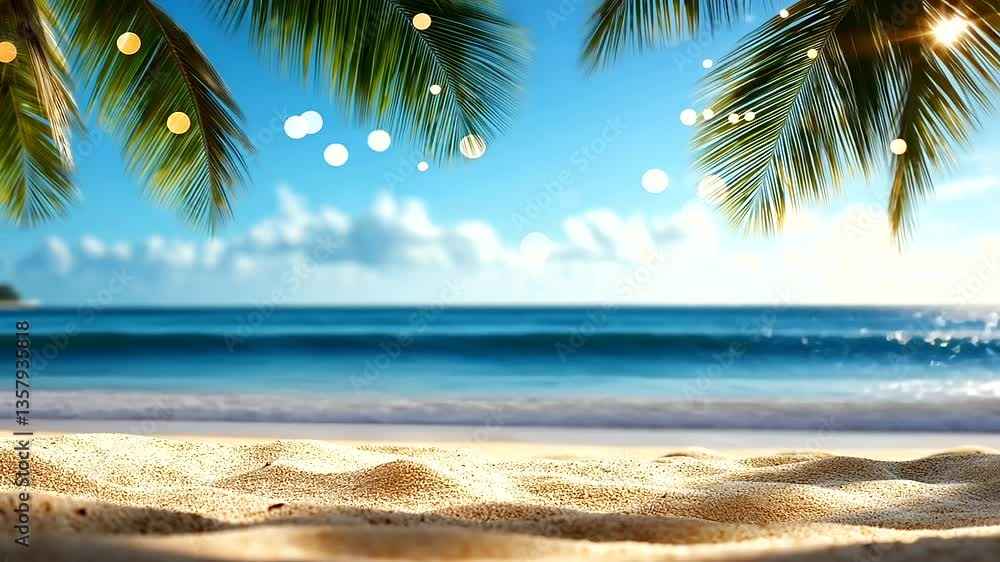 Poster Golden sunlight reflects off the tranquil ocean, creating a mesmerizing bokeh effect over a softly blurred tropical shoreline with swaying palm trees and warm, inviting sand.