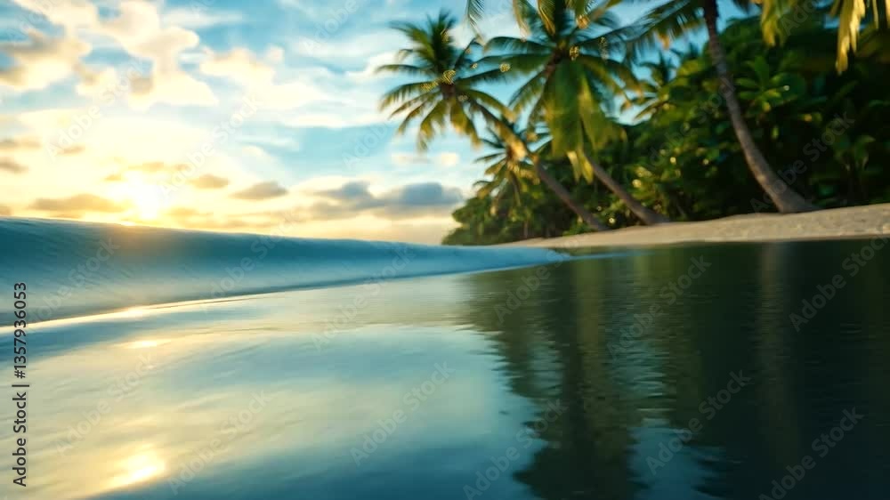 Poster a blurred, sun-drenched tropical coastline with dazzling reflections dancing on the ocean’s surface,