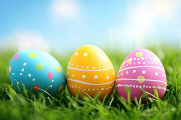 Fototapeta premium Three vibrant Easter eggs rest in lush green grass, basking in the warm sunlight of a cheerful spring day.
