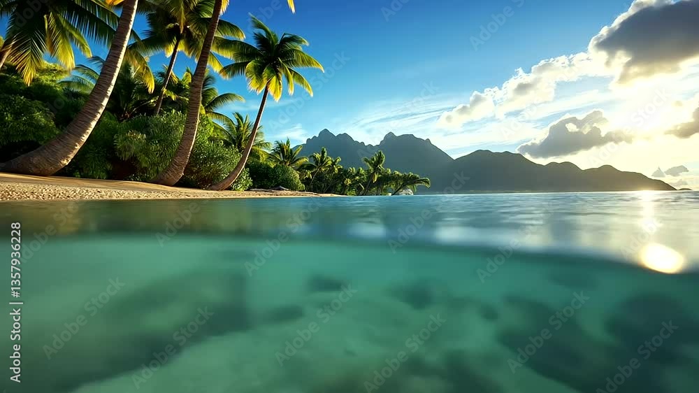 Poster a blurred, sun-drenched tropical coastline with dazzling reflections dancing on the ocean’s surface,