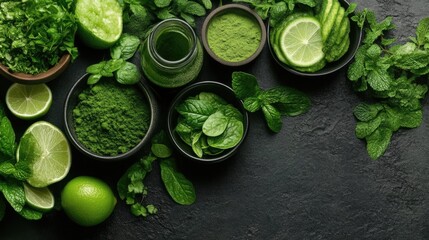 Obraz premium Fresh green ingredients for healthy drinks. Assortment of vibrant green limes, leafy greens, and matcha powder. 