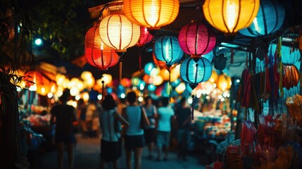 Obraz premium Vibrant lanterns illuminate a bustling night market, creating a warm and inviting atmosphere for visitors and locals alike.