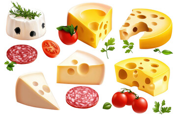A set of cheese pieces with different types and colors, on a white background, png