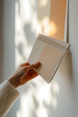 Hand holding paper color samples in a sunny room
