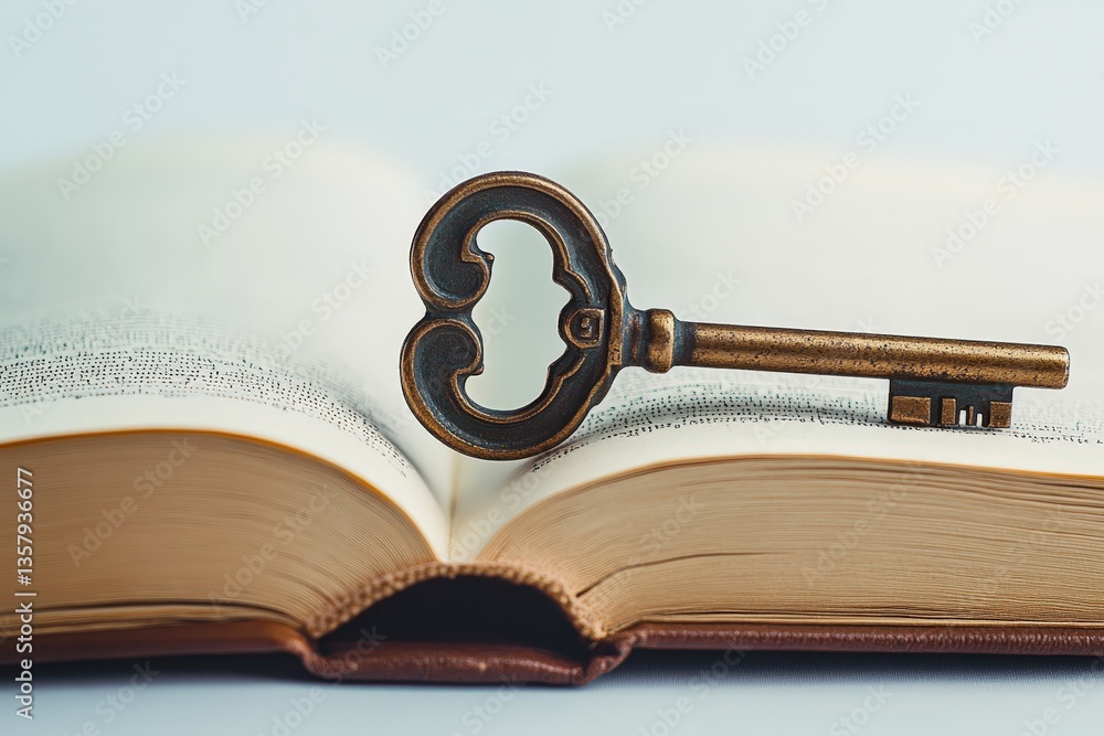 Poster antique key resting on open book with soft background colors