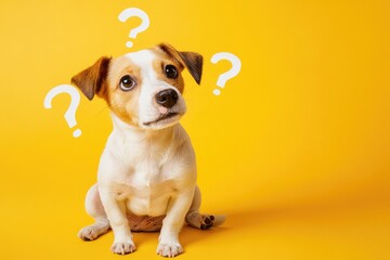 Cute confused little dog with question marks isolated on yellow background. MZ	